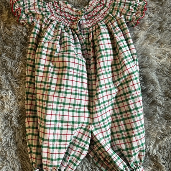 Baby Red White & Green Plaid Baby Romper Bubble Geometric Smocked Details - Picture 5 of 6